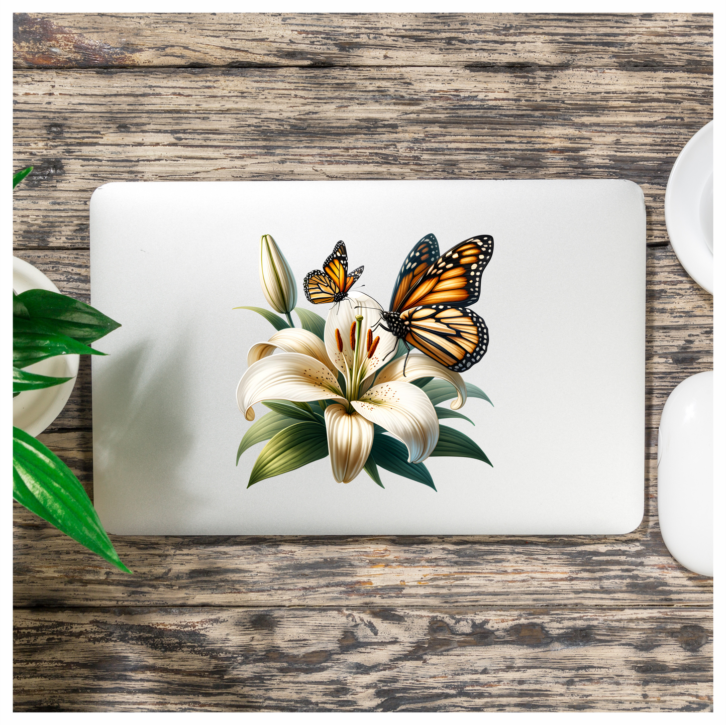 Orange Butterflies On White Flower Vinyl Sticker Decal