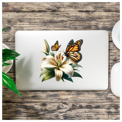 Orange Butterflies On White Flower Vinyl Sticker Decal