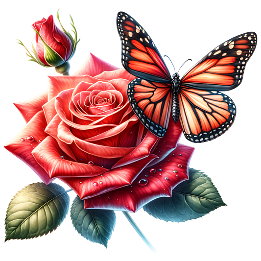 Orange Butterfly On Red Rose Vinyl Sticker Decal