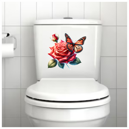 Orange Butterfly On Red Rose Vinyl Sticker Decal