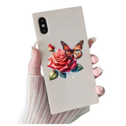 Orange Butterfly On Red Rose Vinyl Sticker Decal