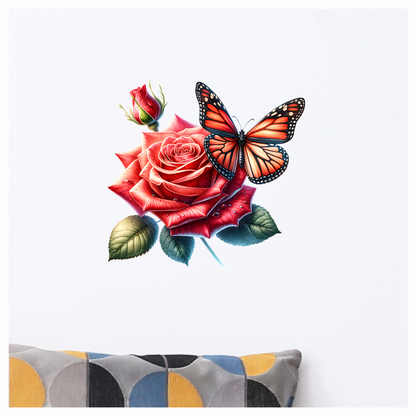 Orange Butterfly On Red Rose Vinyl Sticker Decal