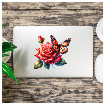Orange Butterfly On Red Rose Vinyl Sticker Decal