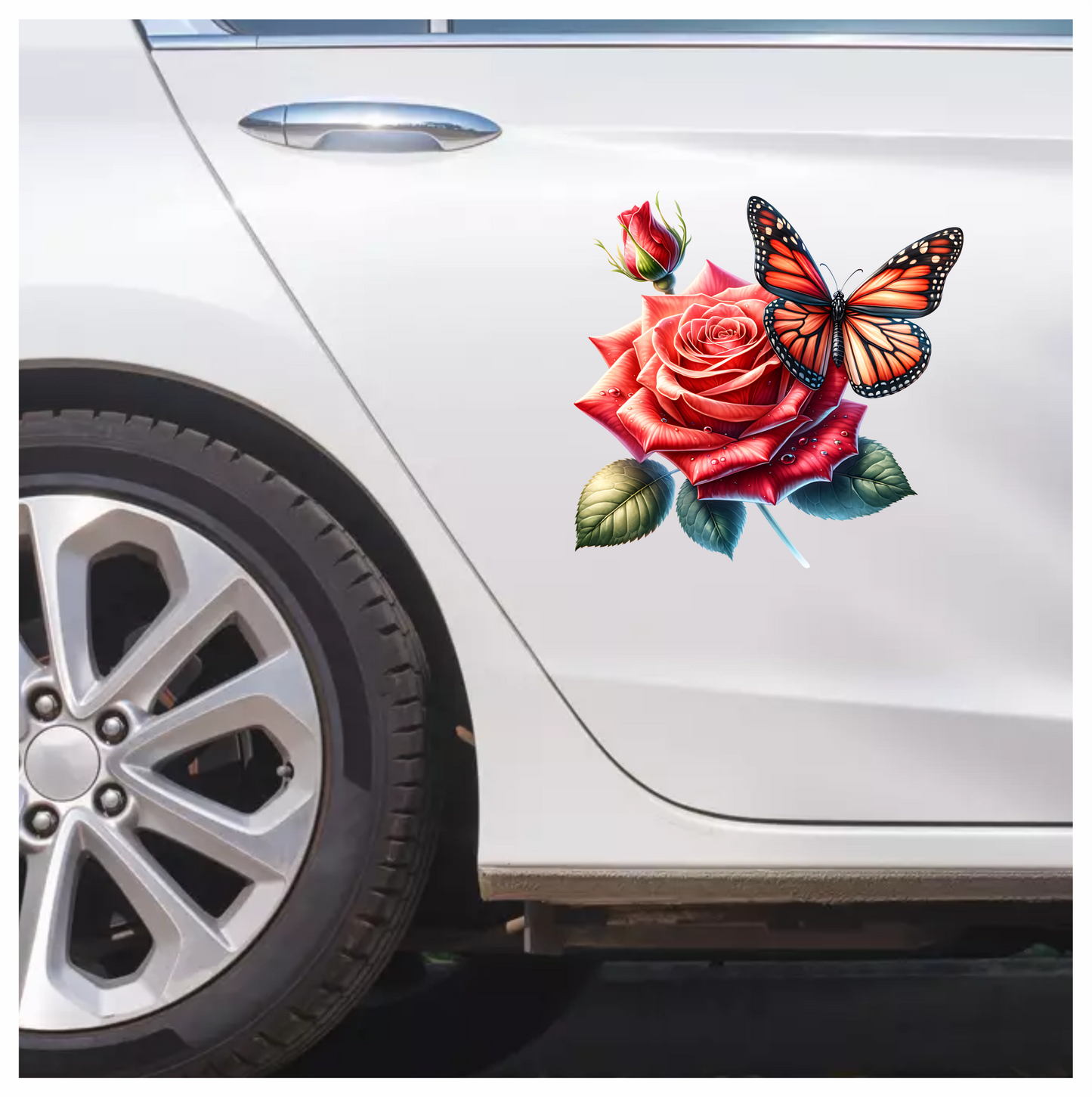 Orange Butterfly On Red Rose Vinyl Sticker Decal