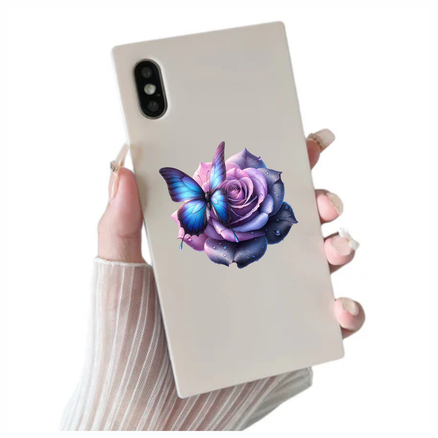 Blue Butterfly On Purple Rose Vinyl Sticker Decal