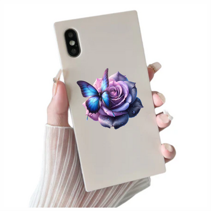 Blue Butterfly On Purple Rose Vinyl Sticker Decal