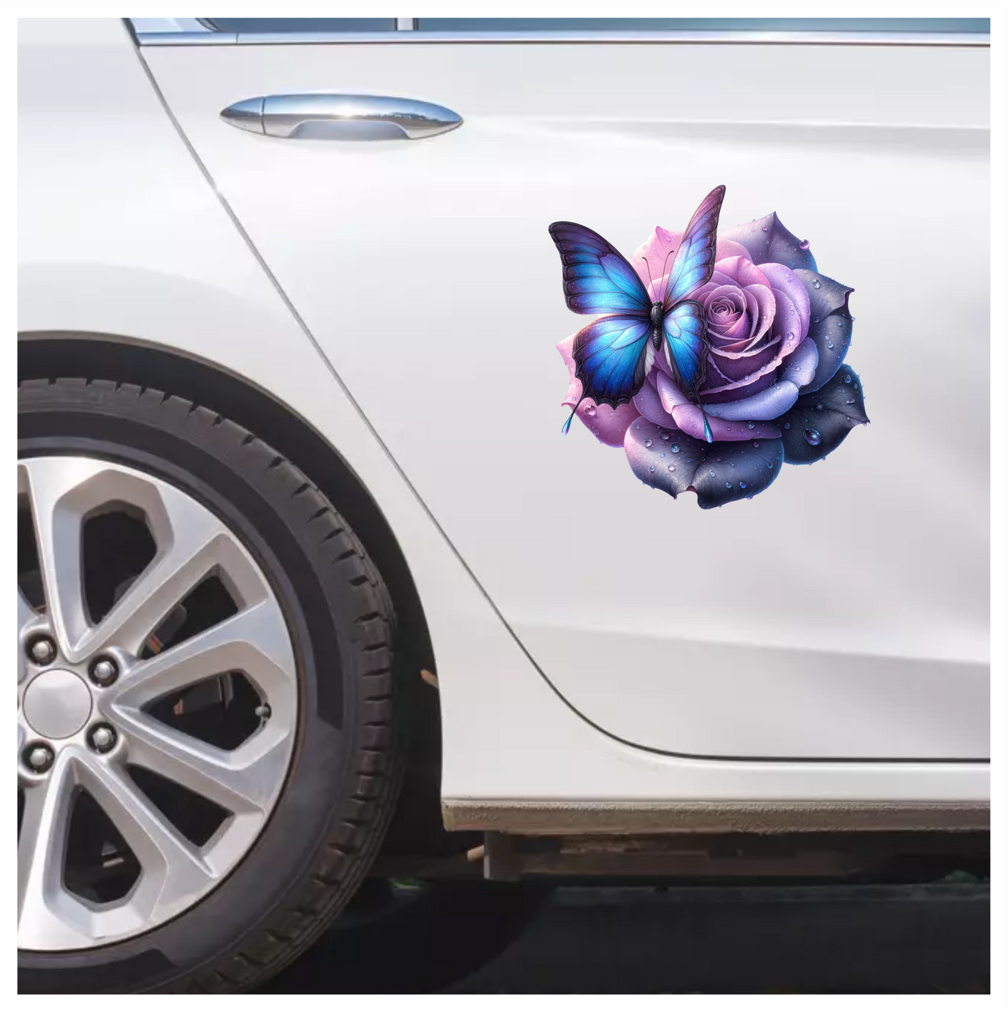 Blue Butterfly On Purple Rose Vinyl Sticker Decal