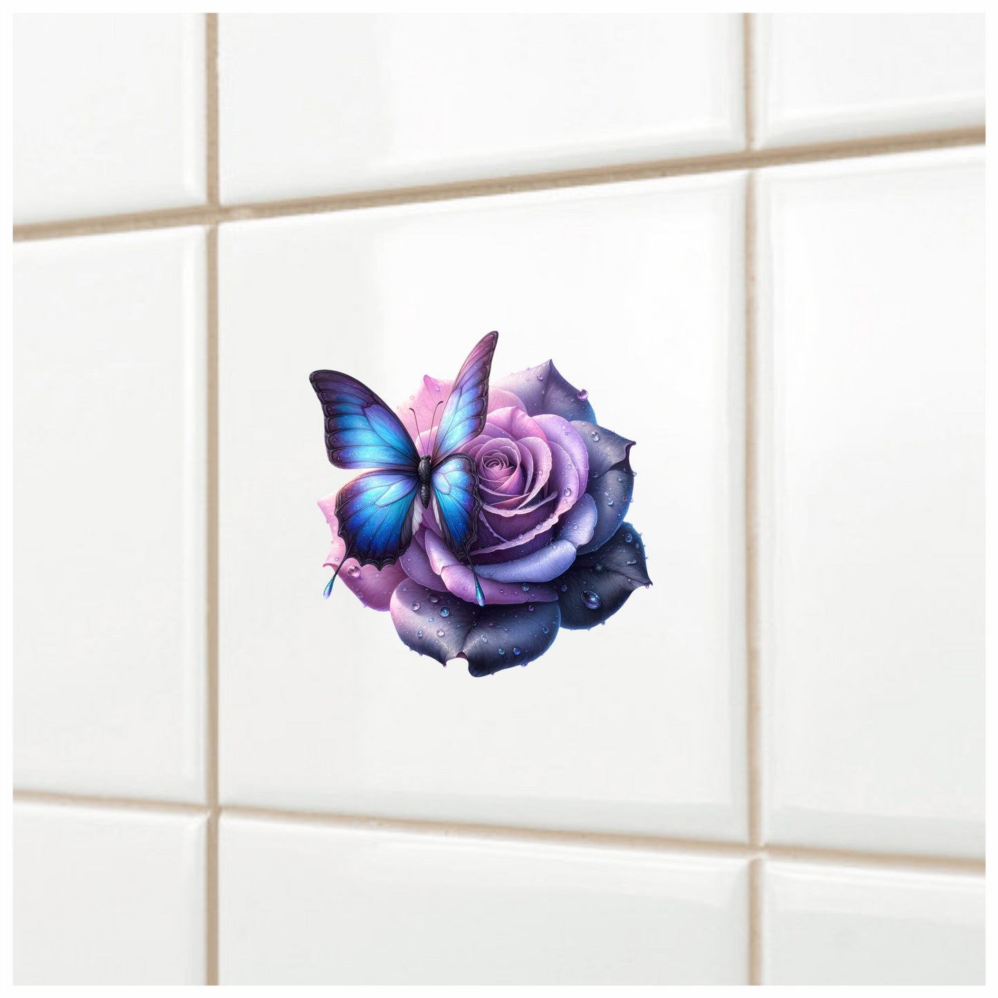 Blue Butterfly On Purple Rose Vinyl Sticker Decal