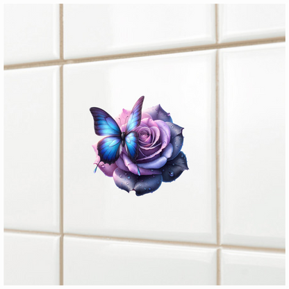 Blue Butterfly On Purple Rose Vinyl Sticker Decal