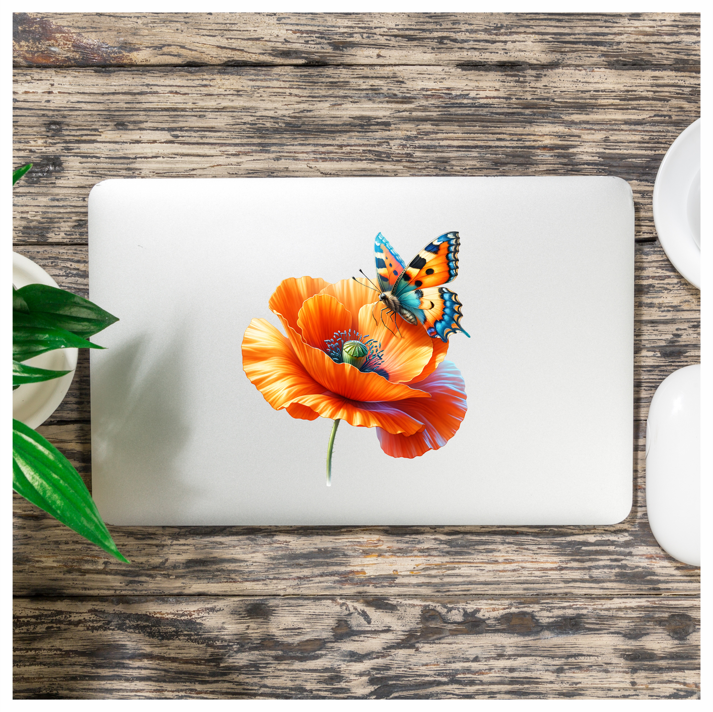 Orange Butterfly On Orange Poppy Vinyl Sticker Decal