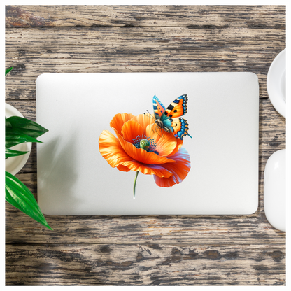 Orange Butterfly On Orange Poppy Vinyl Sticker Decal