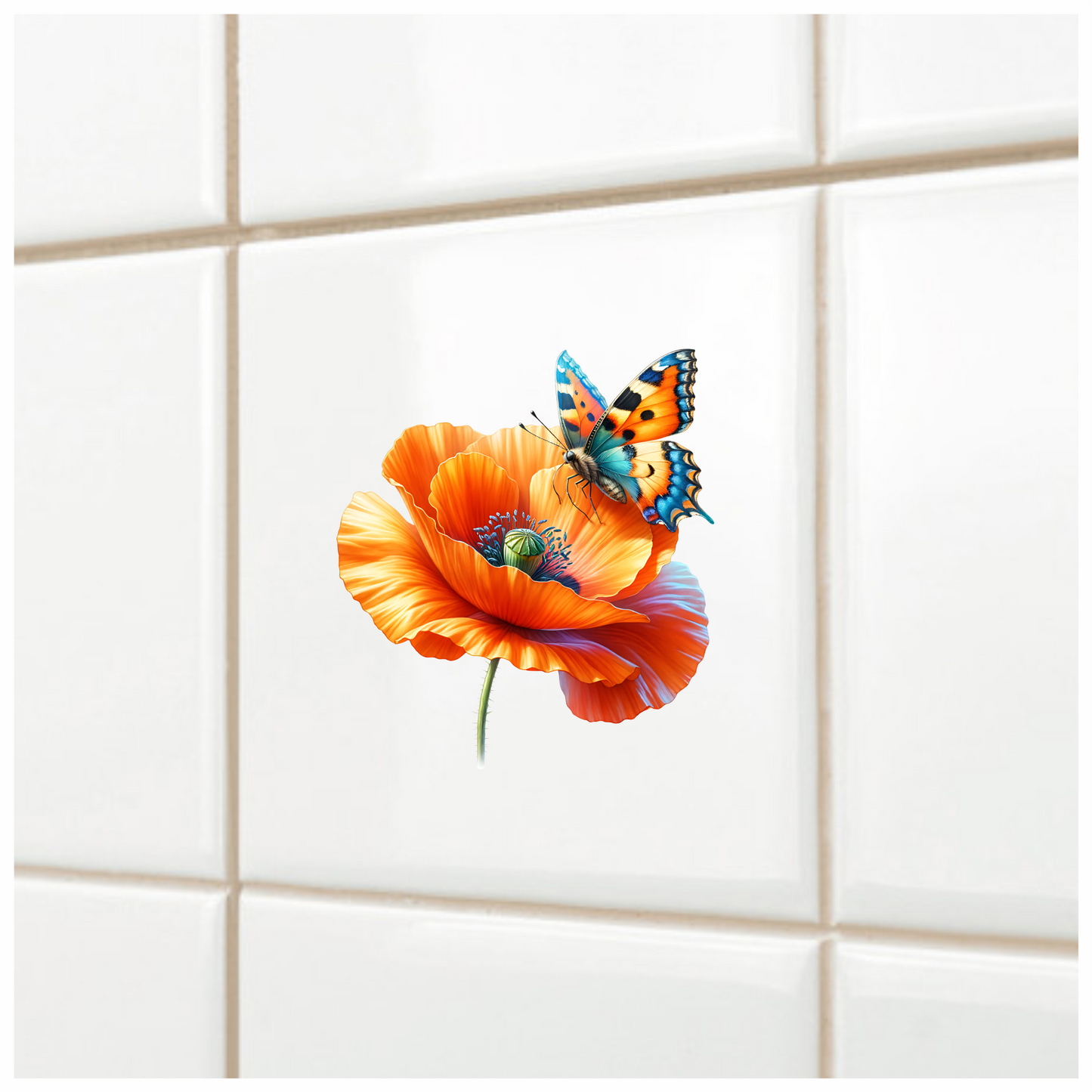 Orange Butterfly On Orange Poppy Vinyl Sticker Decal