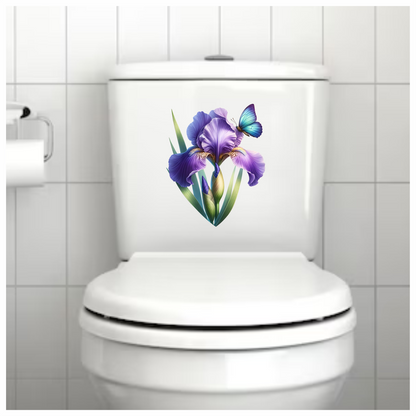 Blue Butterfly On Purple Iris Vinyl Sticker Decal