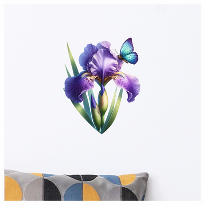 Blue Butterfly On Purple Iris Vinyl Sticker Decal