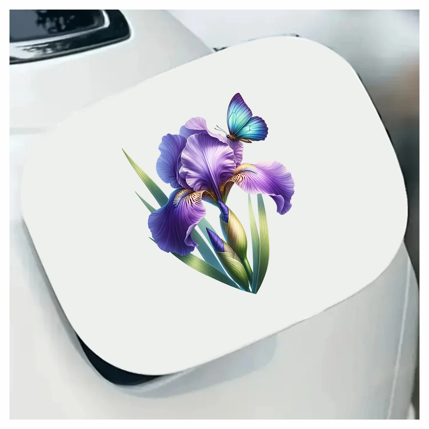 Blue Butterfly On Purple Iris Vinyl Sticker Decal
