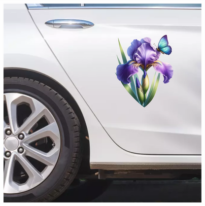Blue Butterfly On Purple Iris Vinyl Sticker Decal