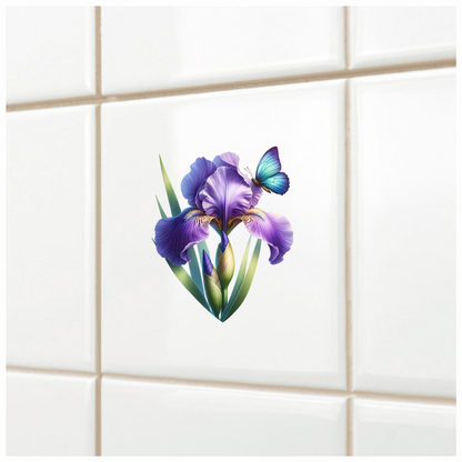 Blue Butterfly On Purple Iris Vinyl Sticker Decal
