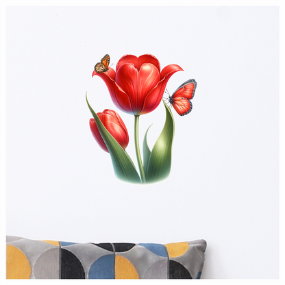 Red Tulip With Two Butterflies Vinyl Sticker Decal