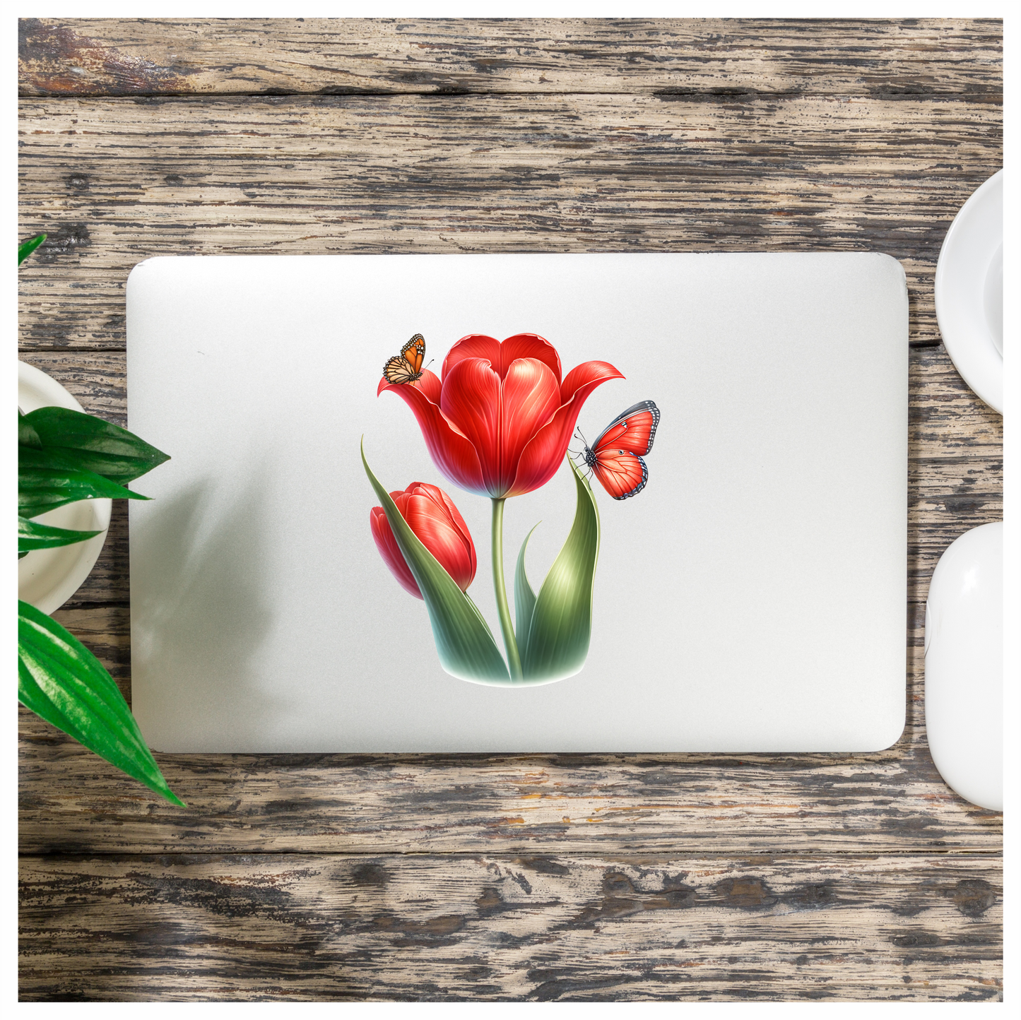 Red Tulip With Two Butterflies Vinyl Sticker Decal