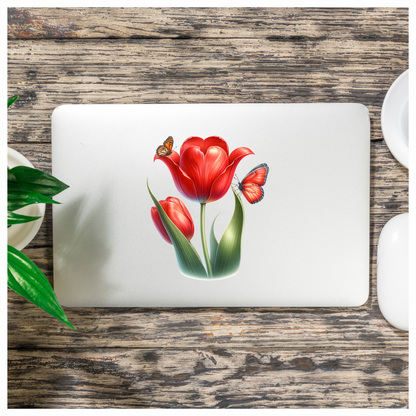 Red Tulip With Two Butterflies Vinyl Sticker Decal
