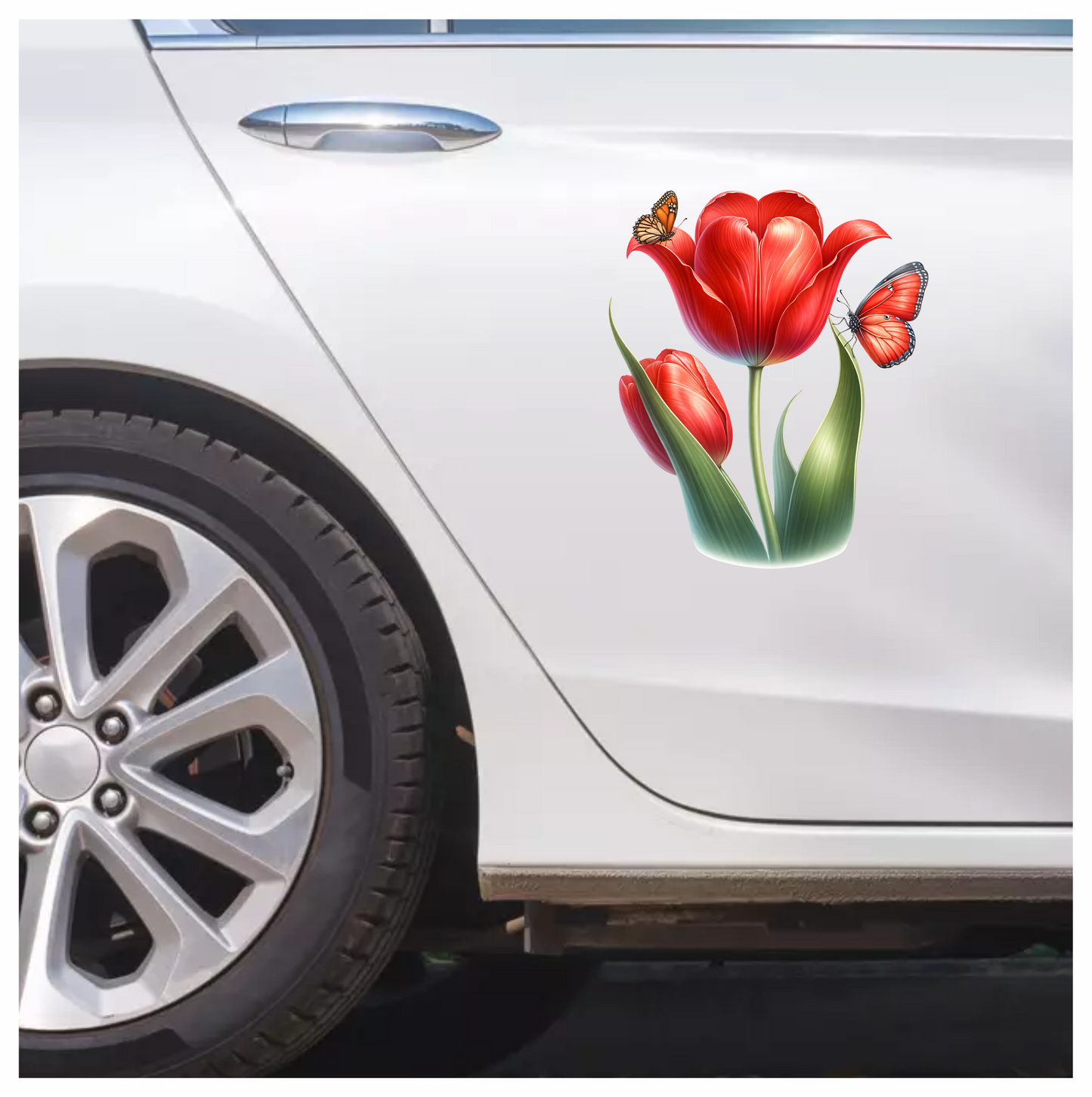 Red Tulip With Two Butterflies Vinyl Sticker Decal