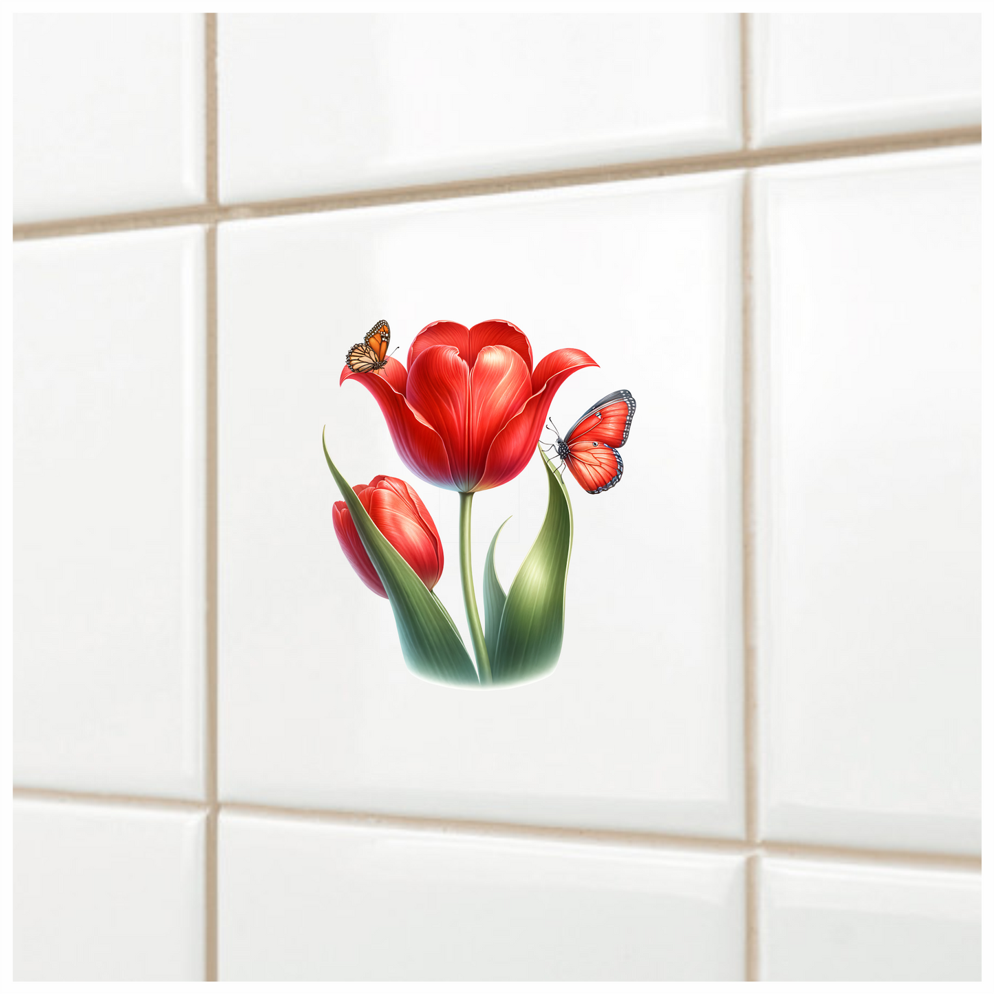 Red Tulip With Two Butterflies Vinyl Sticker Decal