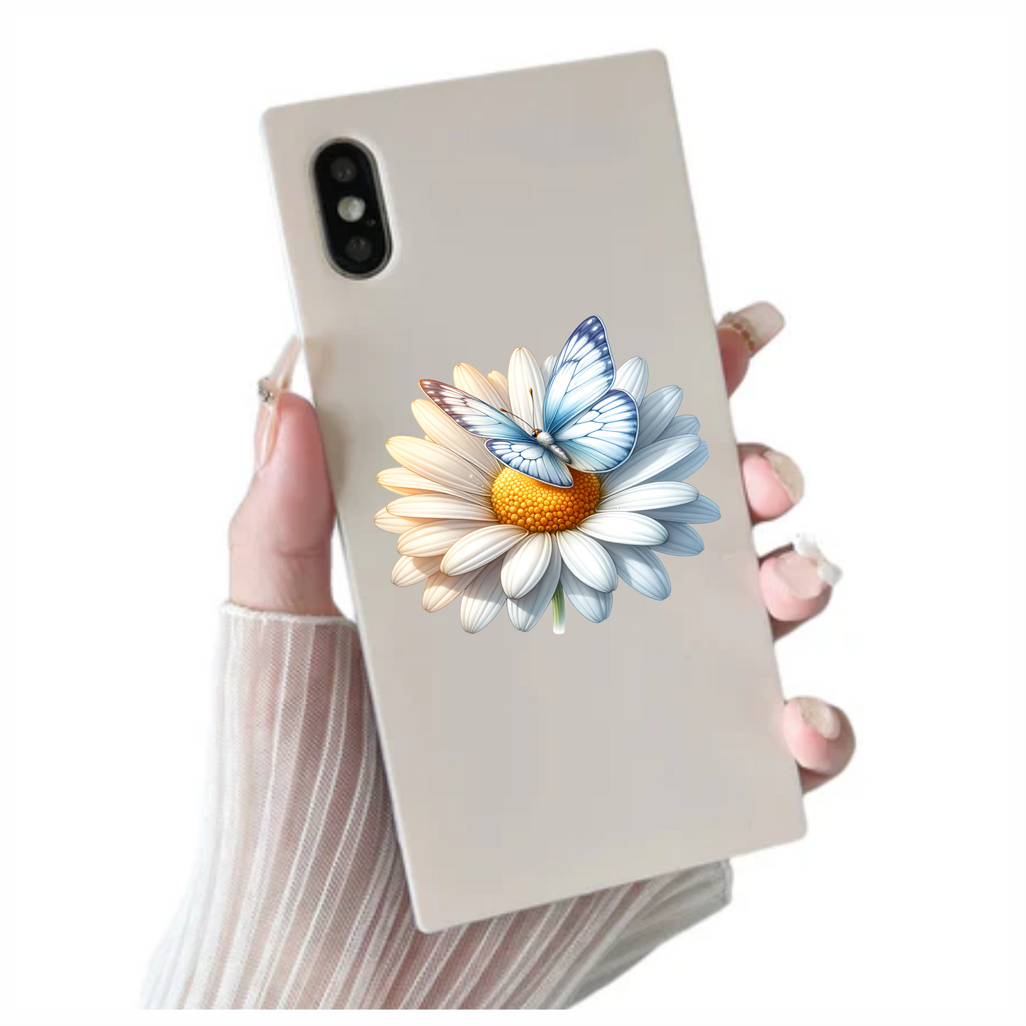 Blue Butterfly On White Daisy Vinyl Sticker Decal