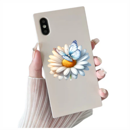 Blue Butterfly On White Daisy Vinyl Sticker Decal