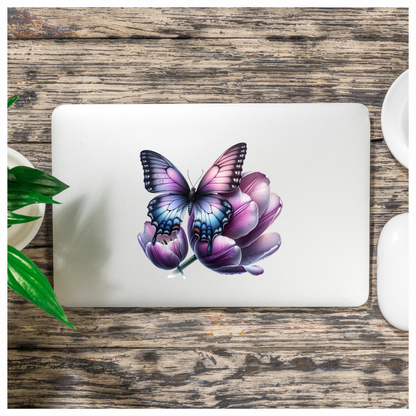 Purple Butterfly On Tulip Flower Vinyl Sticker Decal