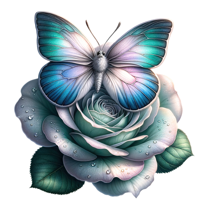 Blue Butterfly On Rose Flower Vinyl Sticker Decal