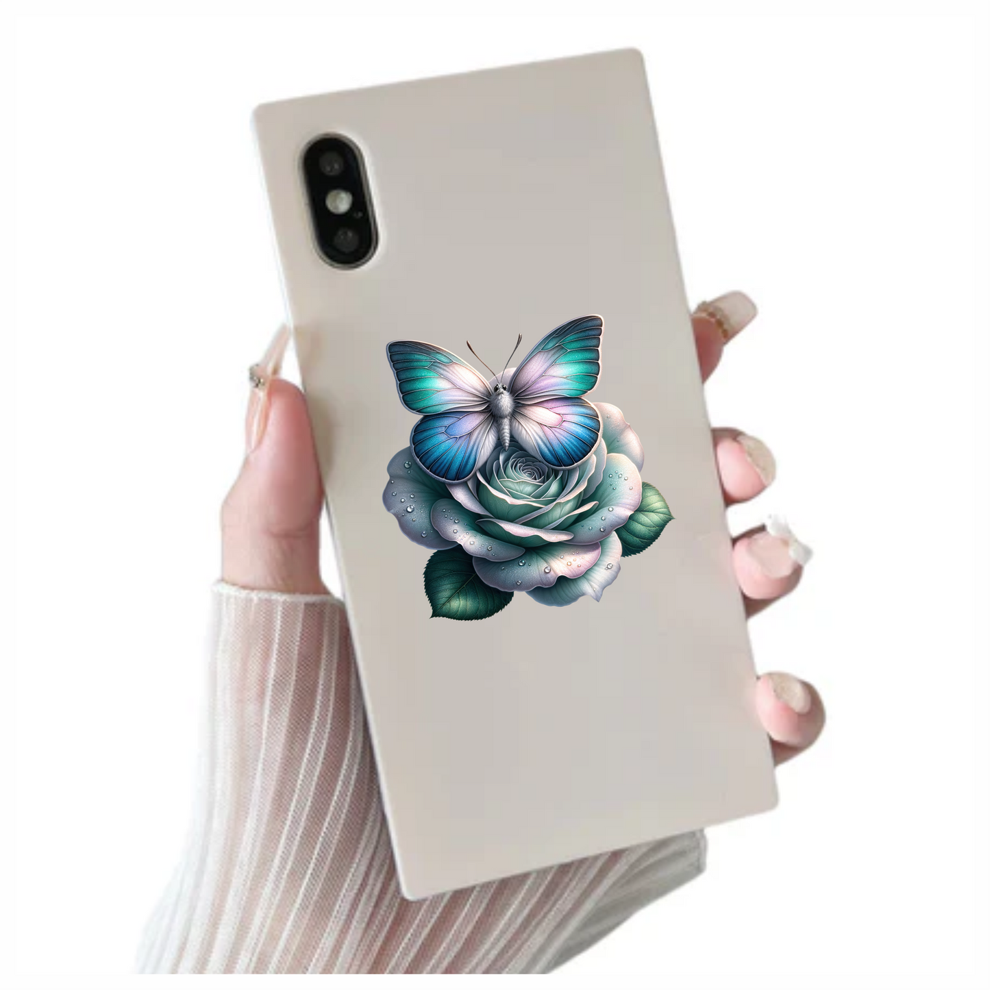 Blue Butterfly On Rose Flower Vinyl Sticker Decal