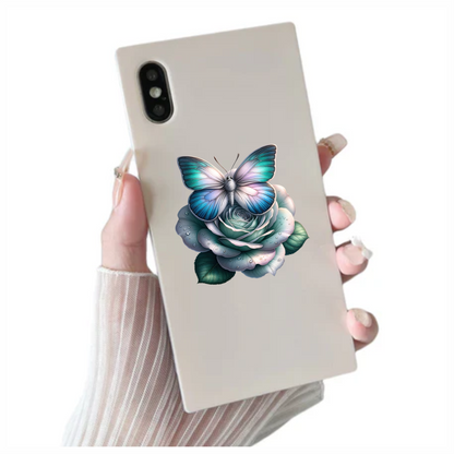 Blue Butterfly On Rose Flower Vinyl Sticker Decal
