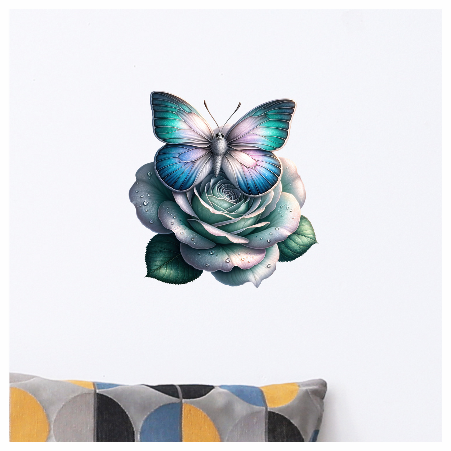 Blue Butterfly On Rose Flower Vinyl Sticker Decal