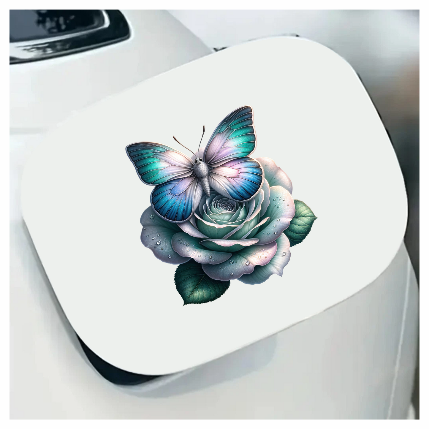 Blue Butterfly On Rose Flower Vinyl Sticker Decal
