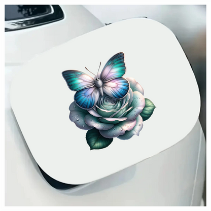 Blue Butterfly On Rose Flower Vinyl Sticker Decal