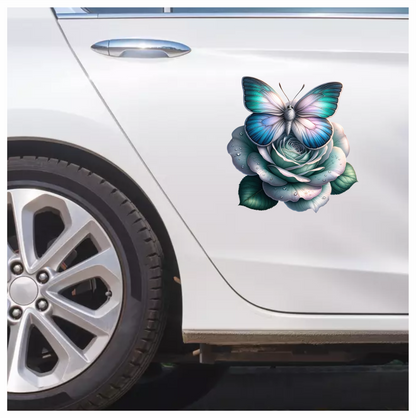 Blue Butterfly On Rose Flower Vinyl Sticker Decal