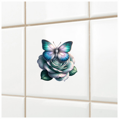 Blue Butterfly On Rose Flower Vinyl Sticker Decal