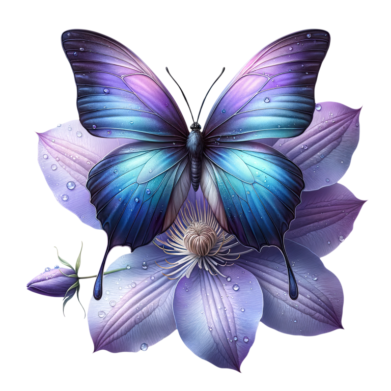 Blue Butterfly On Clematis Flower Vinyl Sticker Decal