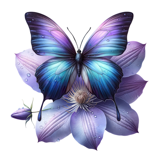 Blue Butterfly On Clematis Flower Vinyl Sticker Decal