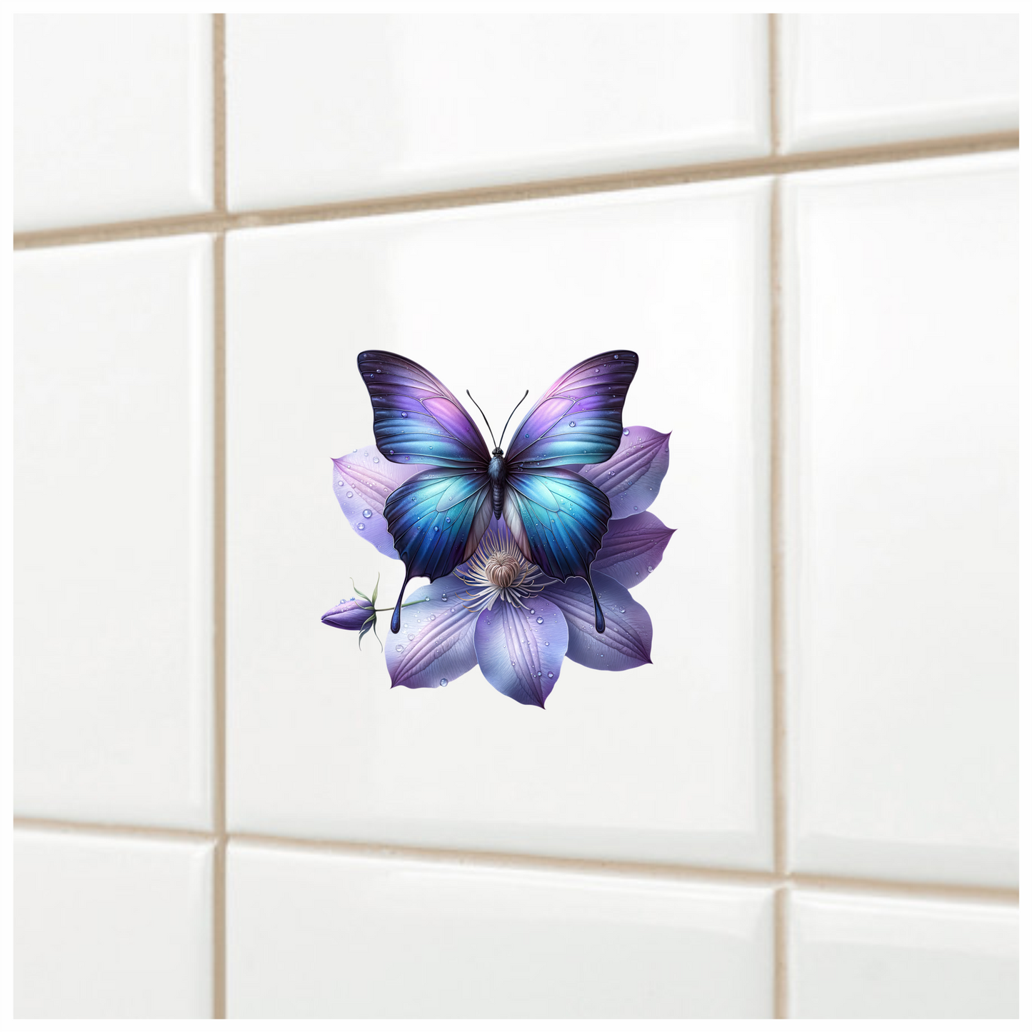 Blue Butterfly On Clematis Flower Vinyl Sticker Decal
