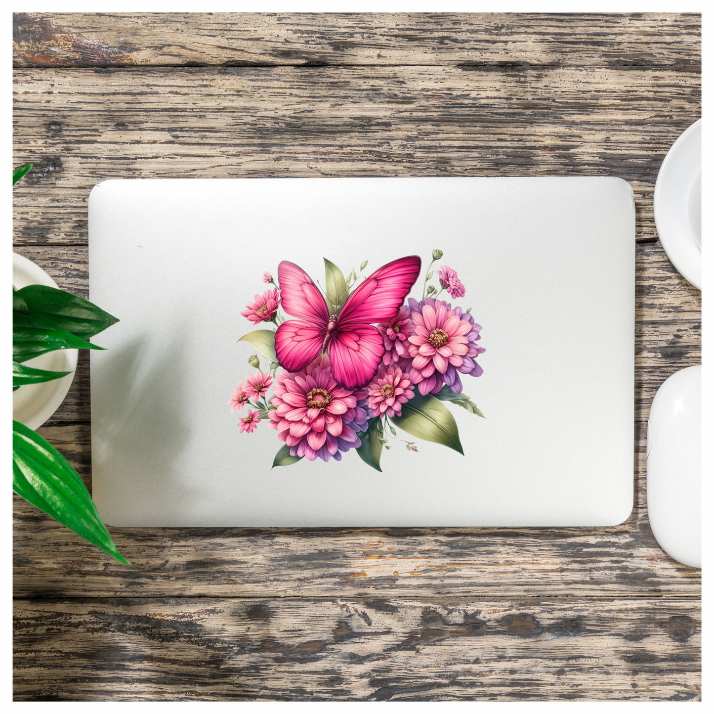 Pink Butterfly On Zinnia Flowers Vinyl Sticker Decal