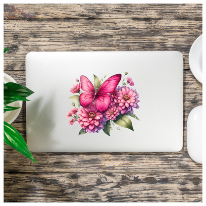 Pink Butterfly On Zinnia Flowers Vinyl Sticker Decal