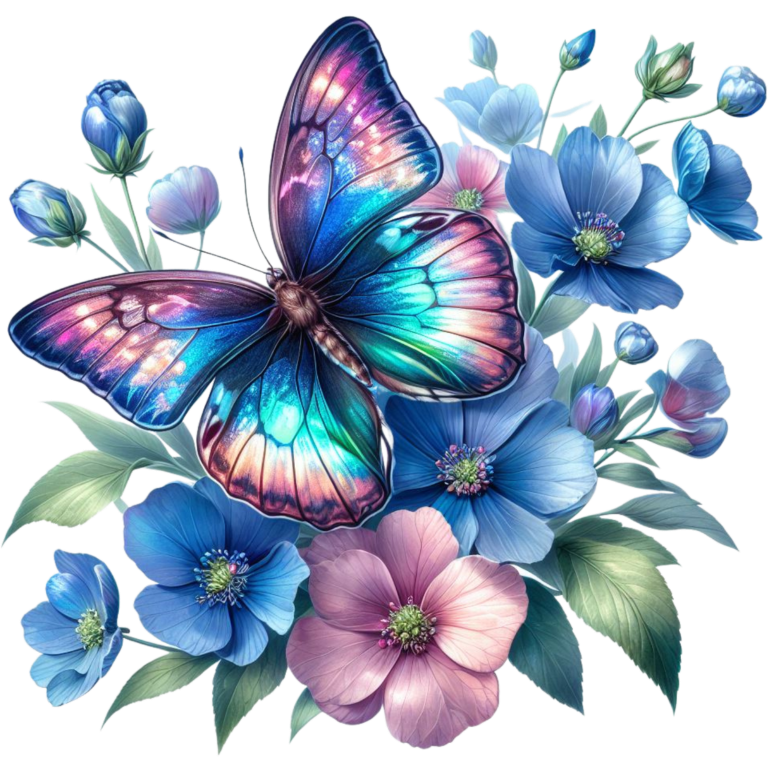 Rainbow Butterfly On Blue Flowers Vinyl Sticker Decal