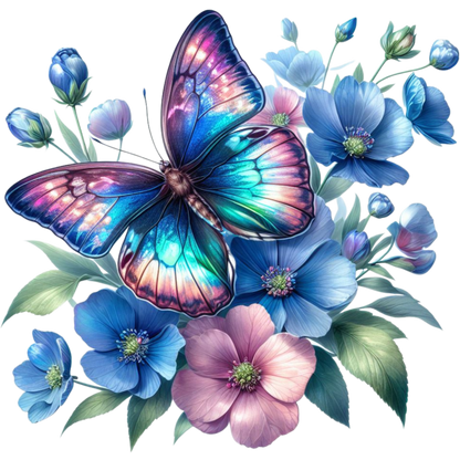 Rainbow Butterfly On Blue Flowers Vinyl Sticker Decal