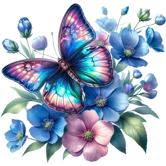 Rainbow Butterfly On Blue Flowers Vinyl Sticker Decal
