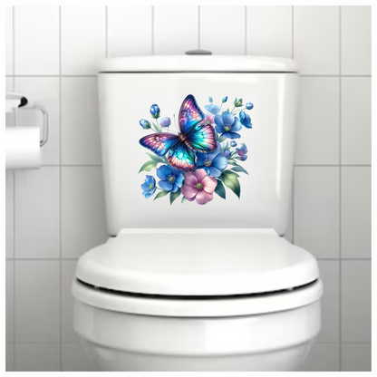 Rainbow Butterfly On Blue Flowers Vinyl Sticker Decal
