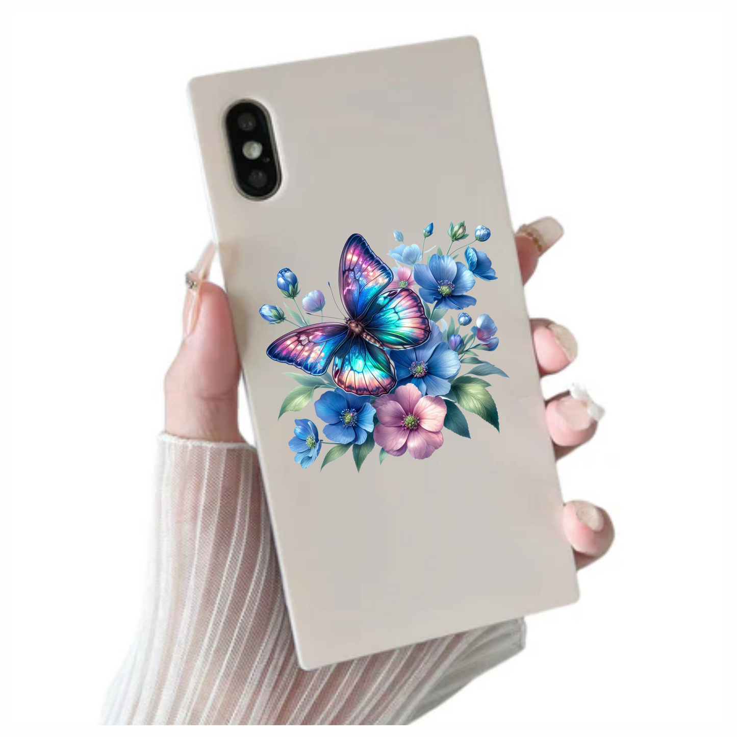 Rainbow Butterfly On Blue Flowers Vinyl Sticker Decal