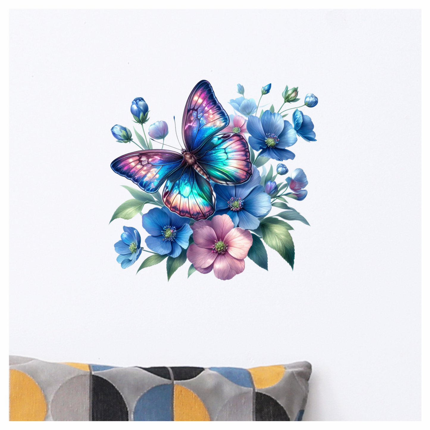 Rainbow Butterfly On Blue Flowers Vinyl Sticker Decal