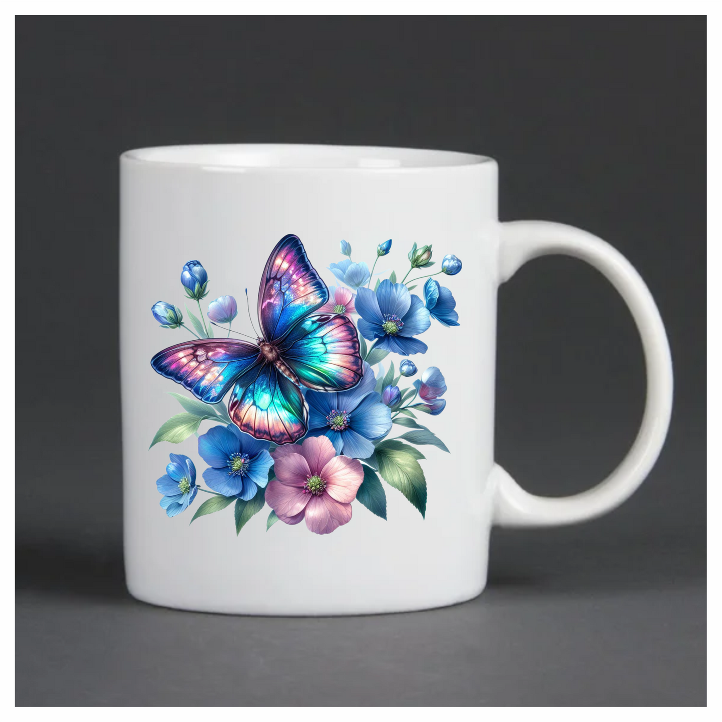 Rainbow Butterfly On Blue Flowers Vinyl Sticker Decal