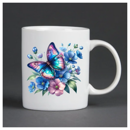 Rainbow Butterfly On Blue Flowers Vinyl Sticker Decal